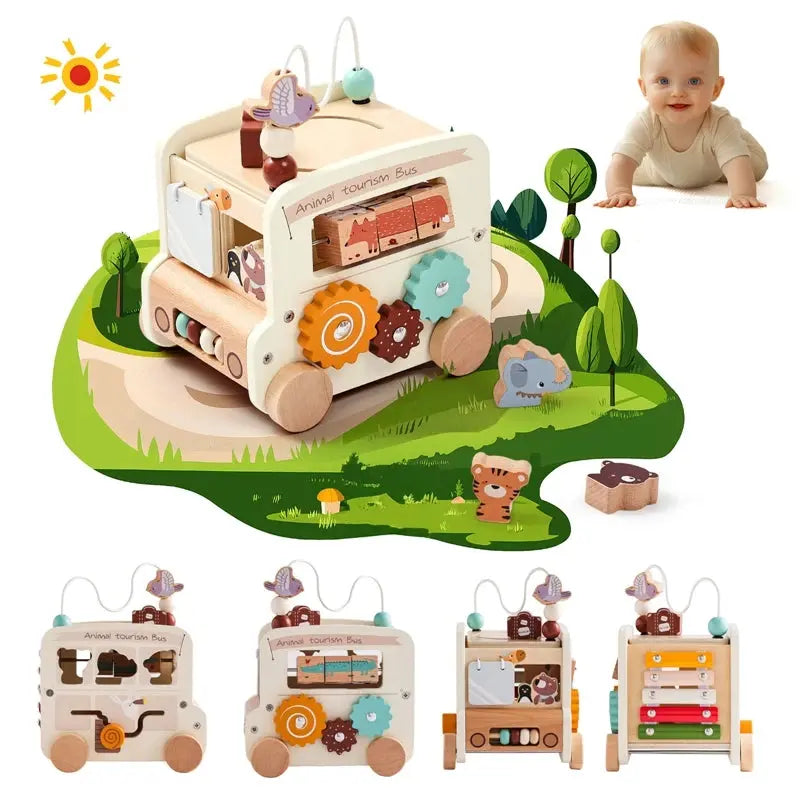 Baby Montessori Toys Wooden Multipurpose Bus Sensory Puzzle Game For Newborns Children's Finger Exercise Busy Toys Kids present - Mon Jouet Montessori