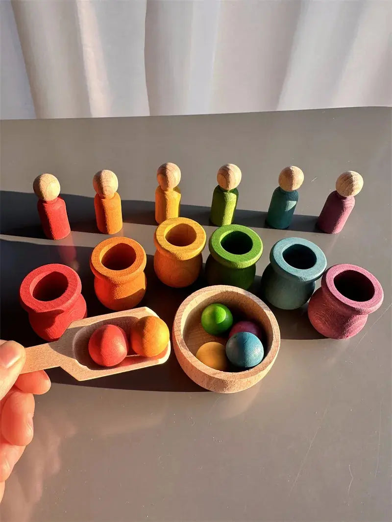 Jouets de tri arc-en-ciel en bois de hêtre, apprentissage précoce pour enfants, poupées à chevilles Pastel avec boules - Mon Jouet Montessori