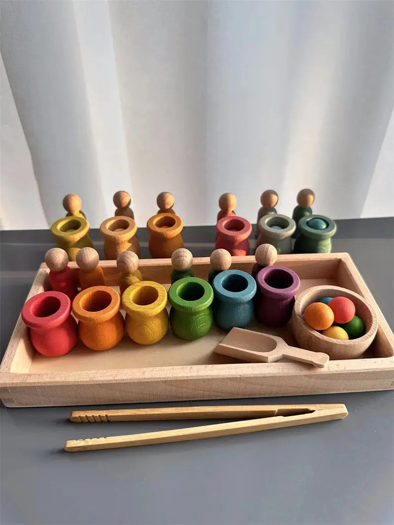 Jouets de tri arc-en-ciel en bois de hêtre, apprentissage précoce pour enfants, poupées à chevilles Pastel avec boules - Mon Jouet Montessori
