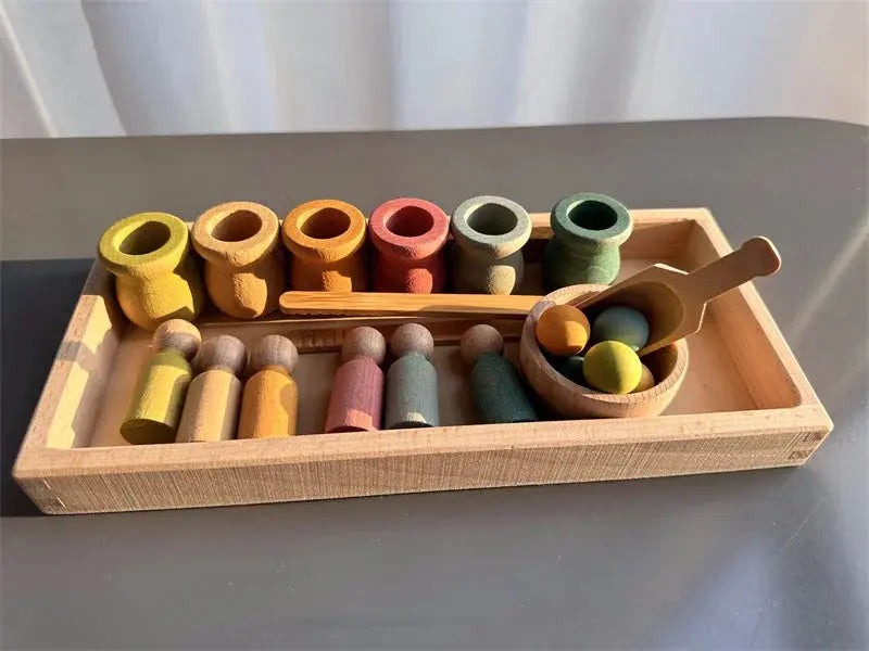 Jouets de tri arc-en-ciel en bois de hêtre, apprentissage précoce pour enfants, poupées à chevilles Pastel avec boules - Mon Jouet Montessori