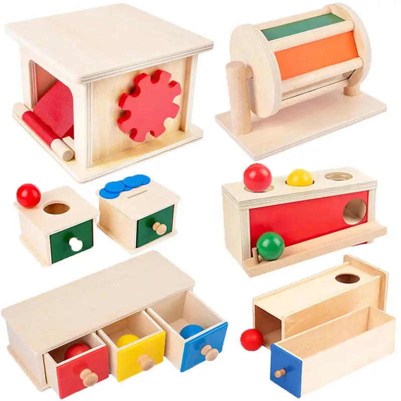 Kindergarten Montessori Wooden Toys Winder Object Permanence Box Coin Box Drawer Game Textile Drum Teaching Aids Sensory Toys - Mon Jouet Montessori