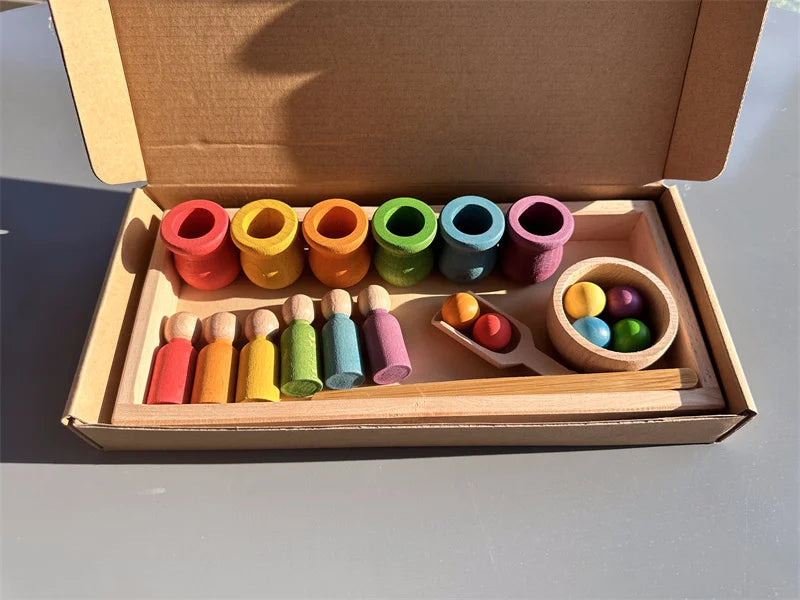 Jouets de tri arc-en-ciel en bois de hêtre, apprentissage précoce pour enfants, poupées à chevilles Pastel avec boules - Mon Jouet Montessori