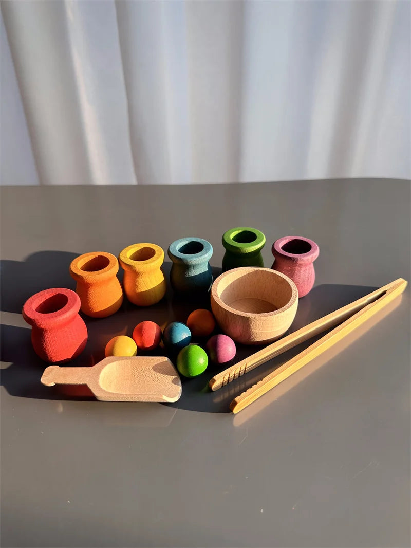 Jouets de tri arc-en-ciel en bois de hêtre, apprentissage précoce pour enfants, poupées à chevilles Pastel avec boules - Mon Jouet Montessori