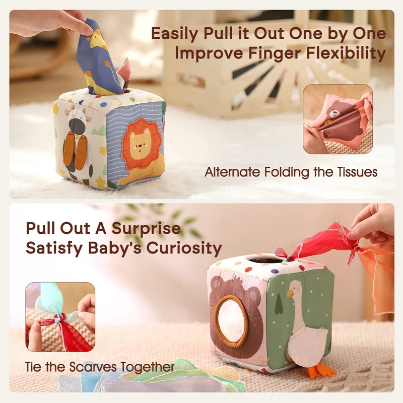 Jouet Montessori pour bébé, boîte à mouchoirs magique en coton, exercice des doigts, jeu de société occupé, jouet éducatif, hochet doux, livre en tissu, cadeau - Mon Jouet Montessori