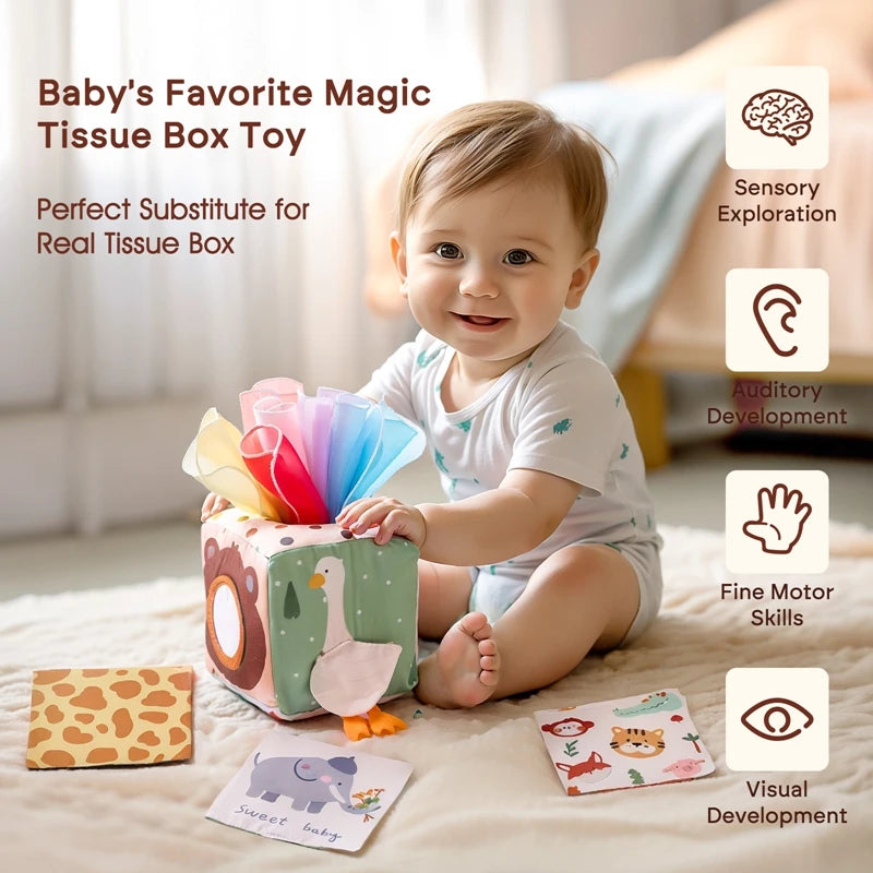 Jouet Montessori pour bébé, boîte à mouchoirs magique en coton, exercice des doigts, jeu de société occupé, jouet éducatif, hochet doux, livre en tissu, cadeau - Mon Jouet Montessori