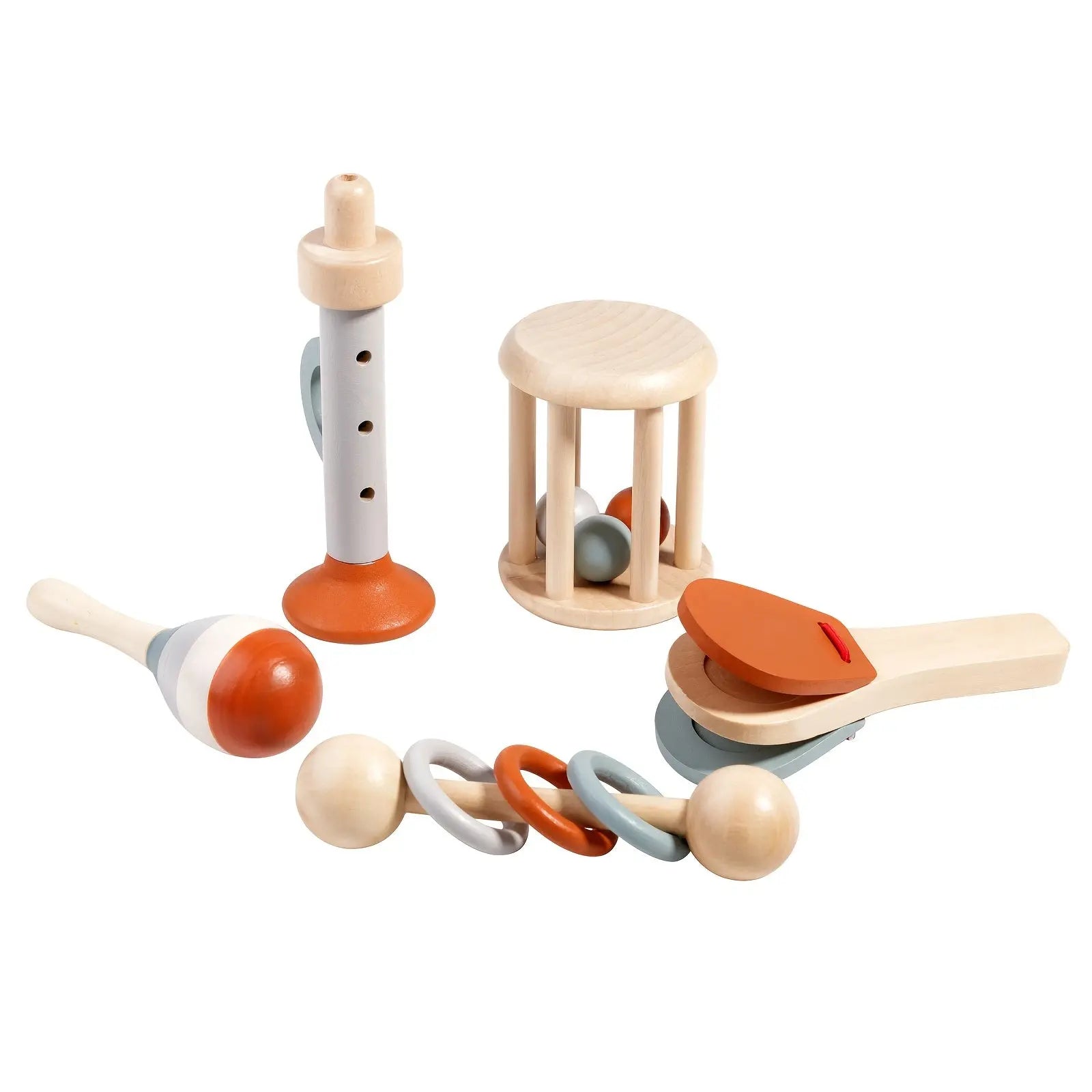 5pcs Wooden Musical Instrument Set for Toddlers - Educational Toy Collection with Bell, Maracas, Xylophone, And More - Enhances Listening Skills And Motor Coordination - Natural Wood Construction -  Mon Jouet Montessori