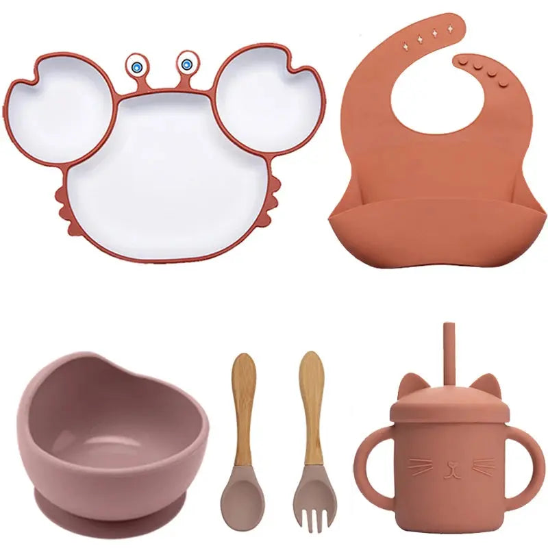 Baby Dish Baby Bowls Plates and Spoons Set Crab Kawaii Dishes Food Silicone Feeding Bowl Non-Slip Babies Tableware Kids Stuff -  Mon Jouet Montessori