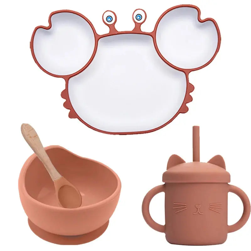 Baby Dish Baby Bowls Plates and Spoons Set Crab Kawaii Dishes Food Silicone Feeding Bowl Non-Slip Babies Tableware Kids Stuff -  Mon Jouet Montessori