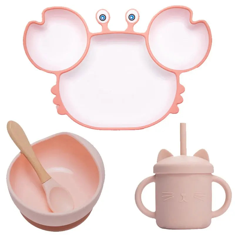 Baby Dish Baby Bowls Plates and Spoons Set Crab Kawaii Dishes Food Silicone Feeding Bowl Non-Slip Babies Tableware Kids Stuff -  Mon Jouet Montessori
