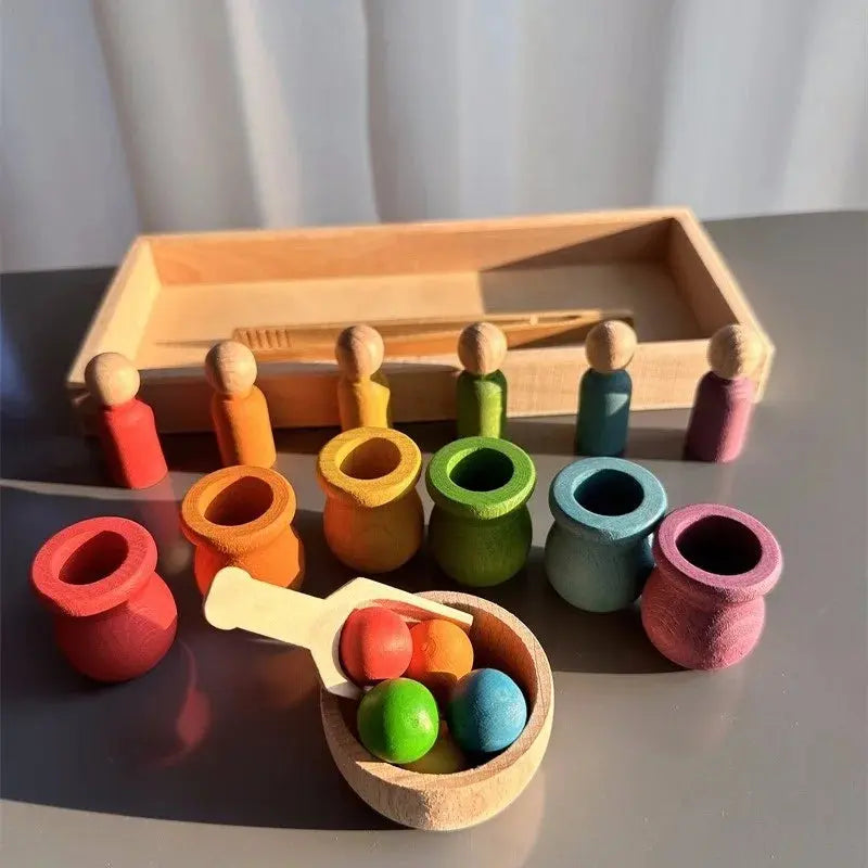 Jouets de tri arc-en-ciel en bois de hêtre, apprentissage précoce pour enfants, poupées à chevilles Pastel avec boules -  Mon Jouet Montessori
