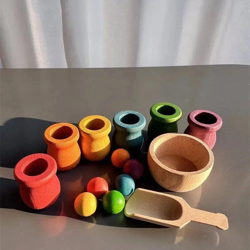 Jouets de tri arc-en-ciel en bois de hêtre, apprentissage précoce pour enfants, poupées à chevilles Pastel avec boules -  Mon Jouet Montessori