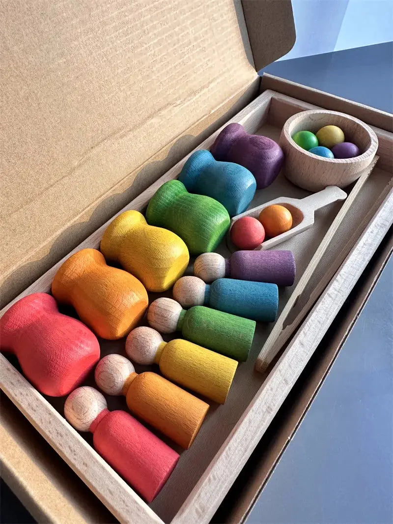 Jouets de tri arc-en-ciel en bois de hêtre, apprentissage précoce pour enfants, poupées à chevilles Pastel avec boules -  Mon Jouet Montessori