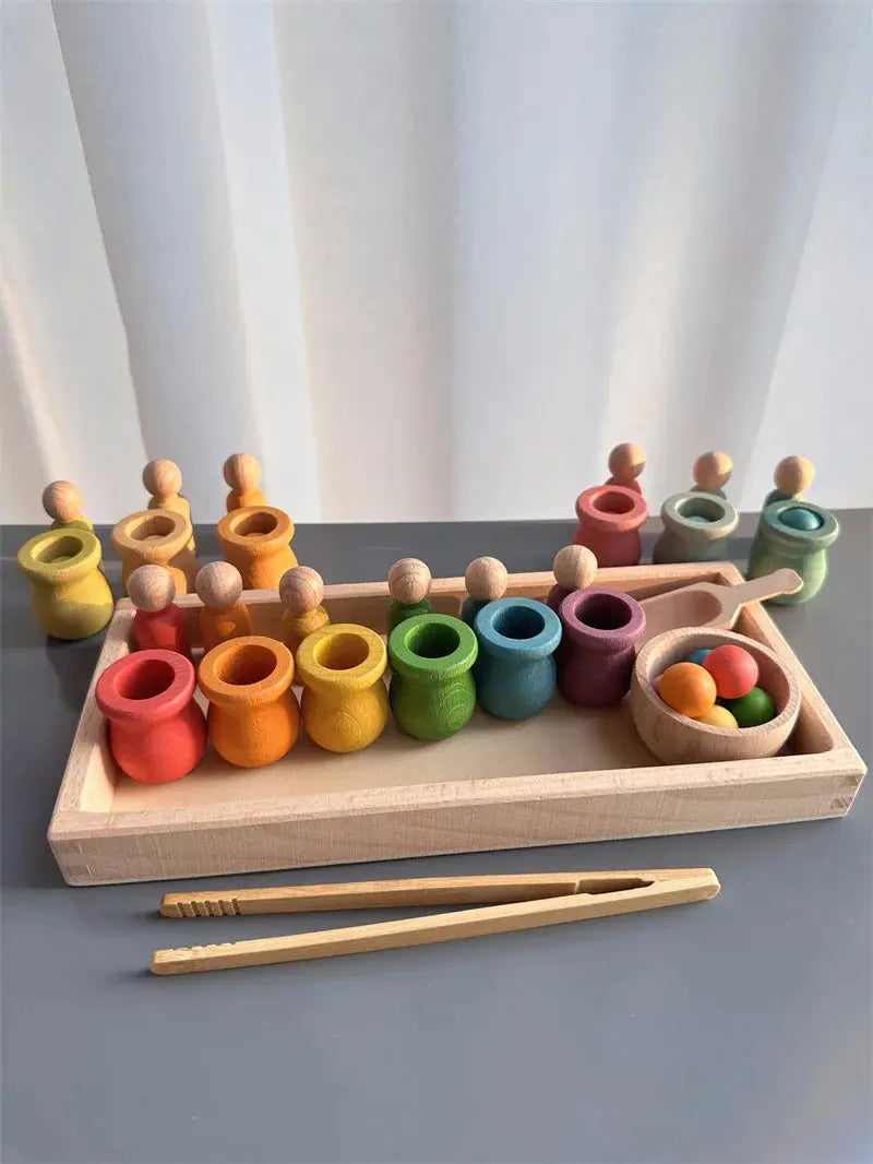 Jouets de tri arc-en-ciel en bois de hêtre, apprentissage précoce pour enfants, poupées à chevilles Pastel avec boules -  Mon Jouet Montessori