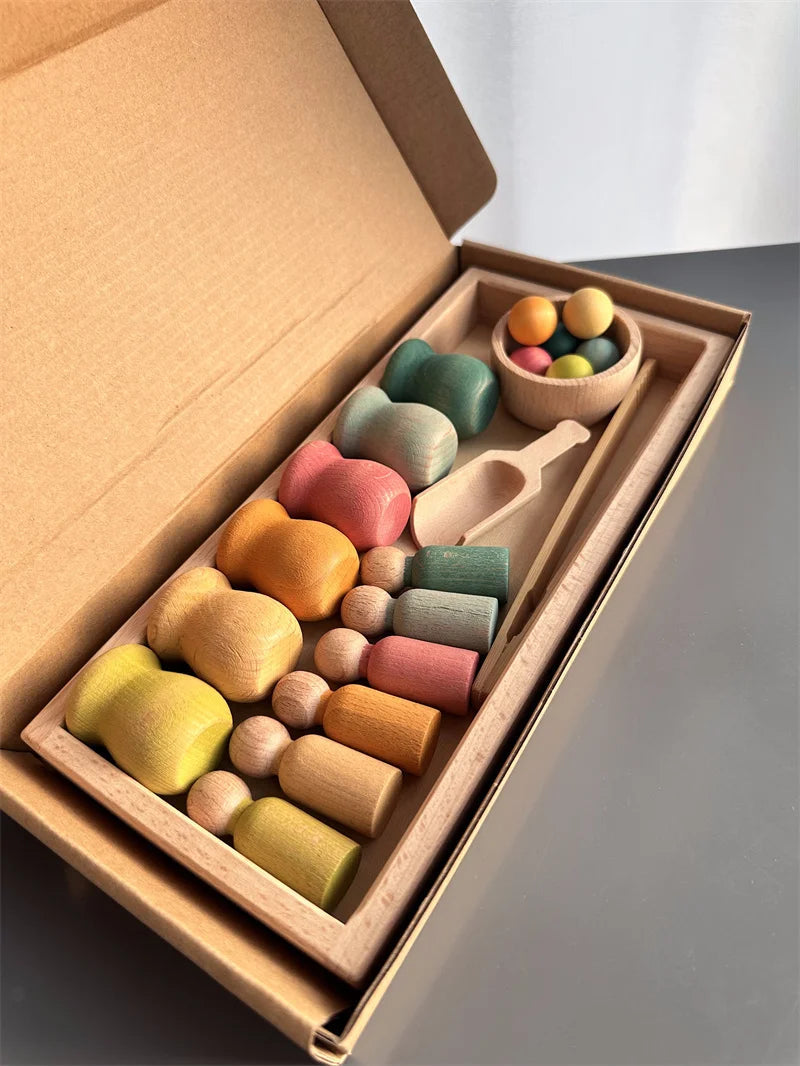 Jouets de tri arc-en-ciel en bois de hêtre, apprentissage précoce pour enfants, poupées à chevilles Pastel avec boules -  Mon Jouet Montessori