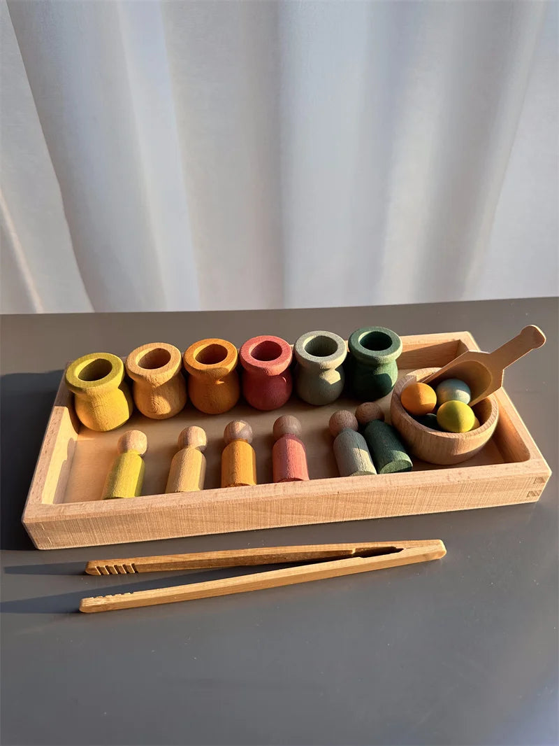Jouets de tri arc-en-ciel en bois de hêtre, apprentissage précoce pour enfants, poupées à chevilles Pastel avec boules -  Mon Jouet Montessori