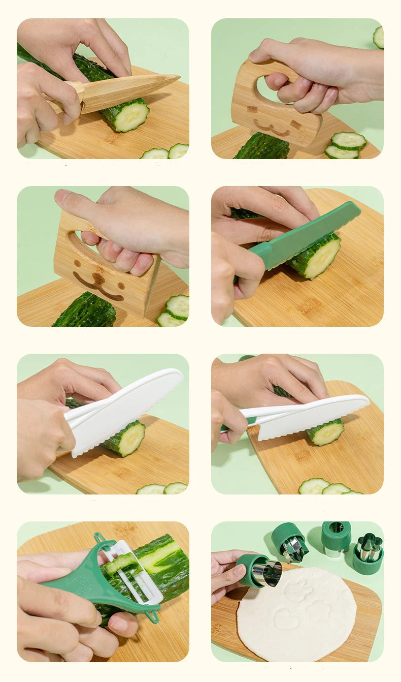 Couteau en bois sûr pour enfants et ensemble de cuisson pour enfants, outils de cuisine Montessori pour tout-petits, cuisine et cuisson pour enfants, petits chefs, cadeau -  Mon Jouet Montessori