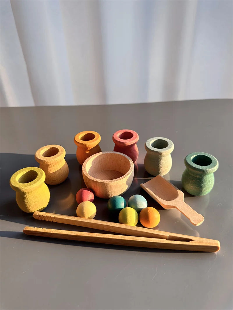 Jouets de tri arc-en-ciel en bois de hêtre, apprentissage précoce pour enfants, poupées à chevilles Pastel avec boules -  Mon Jouet Montessori
