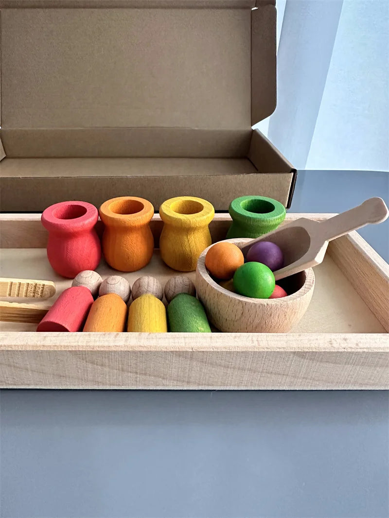 Jouets de tri arc-en-ciel en bois de hêtre, apprentissage précoce pour enfants, poupées à chevilles Pastel avec boules -  Mon Jouet Montessori
